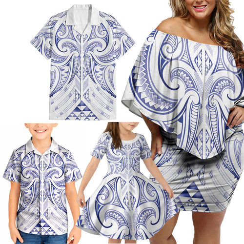 Maori Rugby Custom Ngaru Mangopare Family Matching Off Shoulder Short Dress and Hawaiian Shirt Kikorangi Niho Taniwha Motif