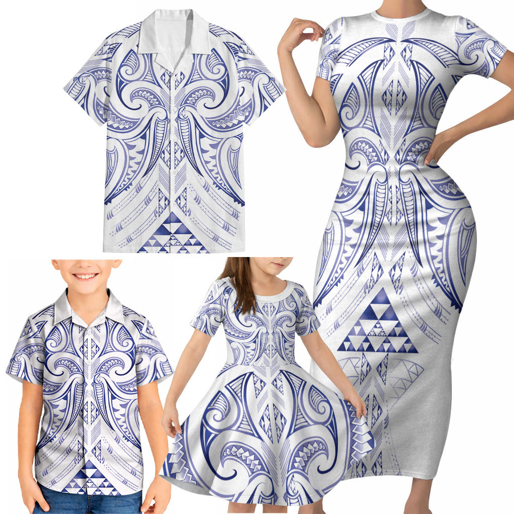 Maori Rugby Custom Ngaru Mangopare Family Matching Short Sleeve Bodycon Dress and Hawaiian Shirt Kikorangi Niho Taniwha Motif