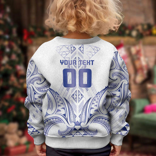 Maori Rugby Custom Ngaru Mangopare Kid Ugly Christmas Sweater Kikorangi Niho Taniwha Motif