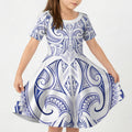 Maori Rugby Custom Ngaru Mangopare Kid Short Sleeve Dress Kikorangi Niho Taniwha Motif