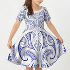 Maori Rugby Custom Ngaru Mangopare Kid Short Sleeve Dress Kikorangi Niho Taniwha Motif