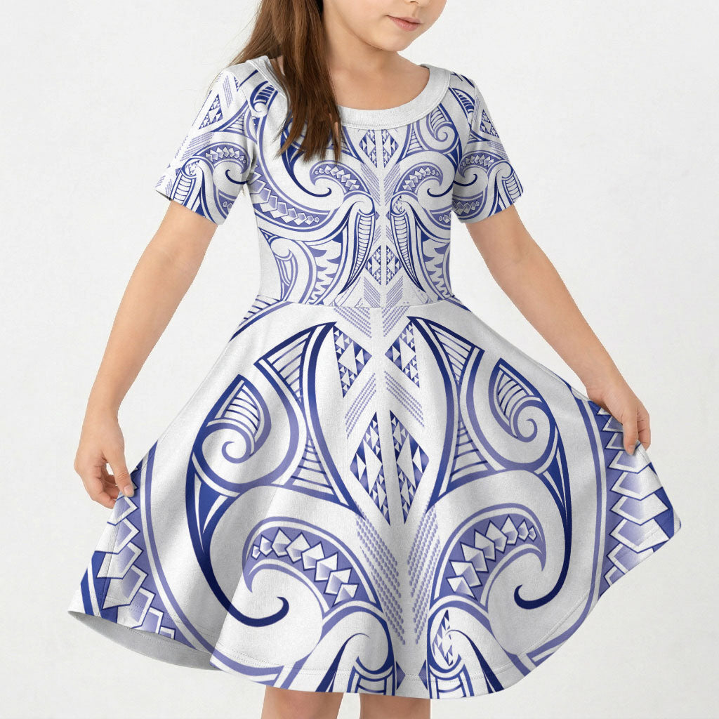 Maori Rugby Custom Ngaru Mangopare Kid Short Sleeve Dress Kikorangi Niho Taniwha Motif