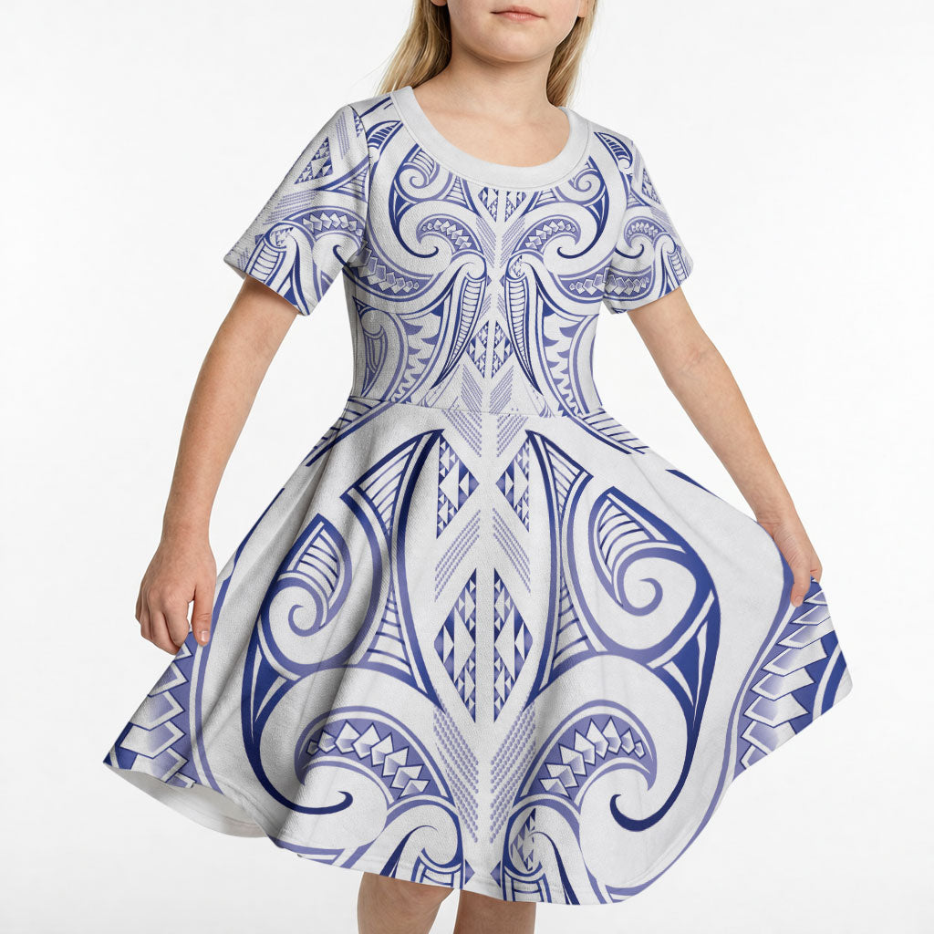 Maori Rugby Custom Ngaru Mangopare Kid Short Sleeve Dress Kikorangi Niho Taniwha Motif