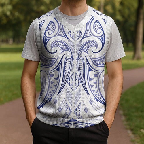 Maori Rugby Custom Ngaru Mangopare Christmas Knitted V-Neck Vest Kikorangi Niho Taniwha Motif