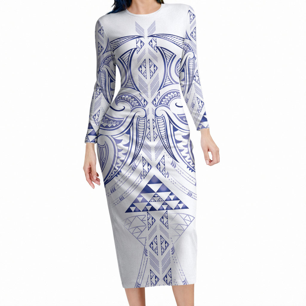 Maori Rugby Custom Ngaru Mangopare Long Sleeve Bodycon Dress Kikorangi Niho Taniwha Motif