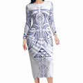 Maori Rugby Custom Ngaru Mangopare Long Sleeve Bodycon Dress Kikorangi Niho Taniwha Motif