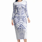Maori Rugby Custom Ngaru Mangopare Long Sleeve Bodycon Dress Kikorangi Niho Taniwha Motif