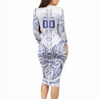 Maori Rugby Custom Ngaru Mangopare Long Sleeve Bodycon Dress Kikorangi Niho Taniwha Motif