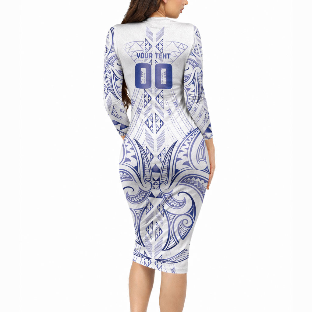 Maori Rugby Custom Ngaru Mangopare Long Sleeve Bodycon Dress Kikorangi Niho Taniwha Motif