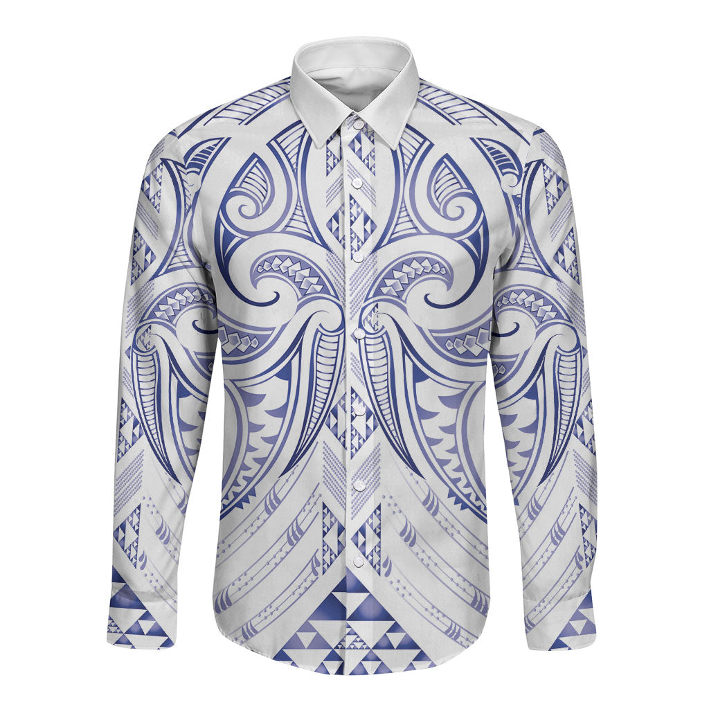 Maori Rugby Custom Ngaru Mangopare Long Sleeve Button Shirt Kikorangi Niho Taniwha Motif