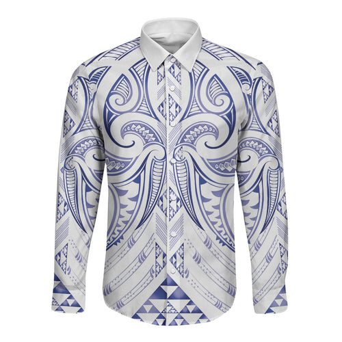 Maori Rugby Custom Ngaru Mangopare Long Sleeve Button Shirt Kikorangi Niho Taniwha Motif