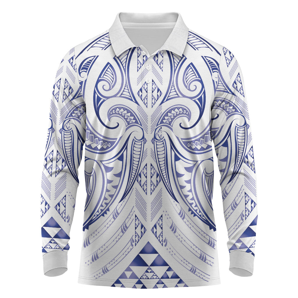 Maori Rugby Custom Ngaru Mangopare Long Sleeve Polo Shirt Kikorangi Niho Taniwha Motif