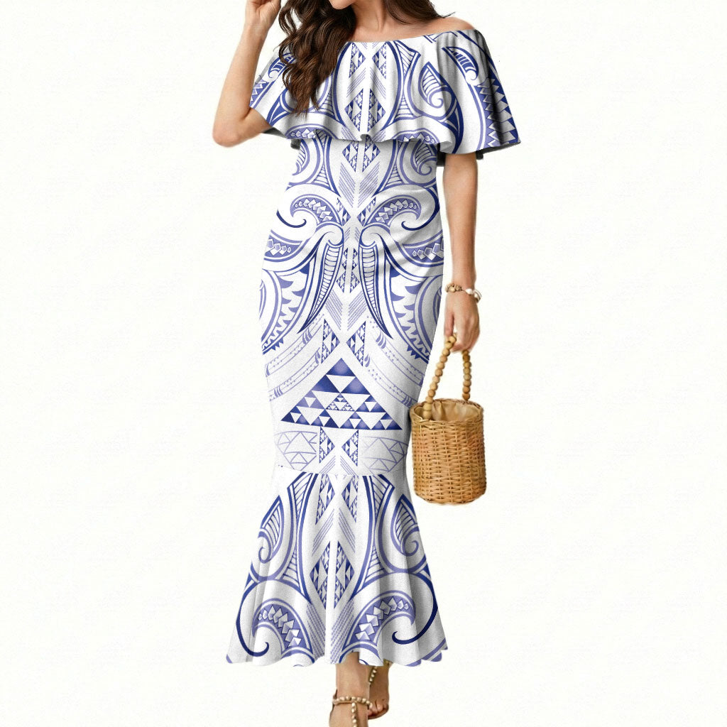 Maori Rugby Custom Ngaru Mangopare Mermaid Dress Kikorangi Niho Taniwha Motif