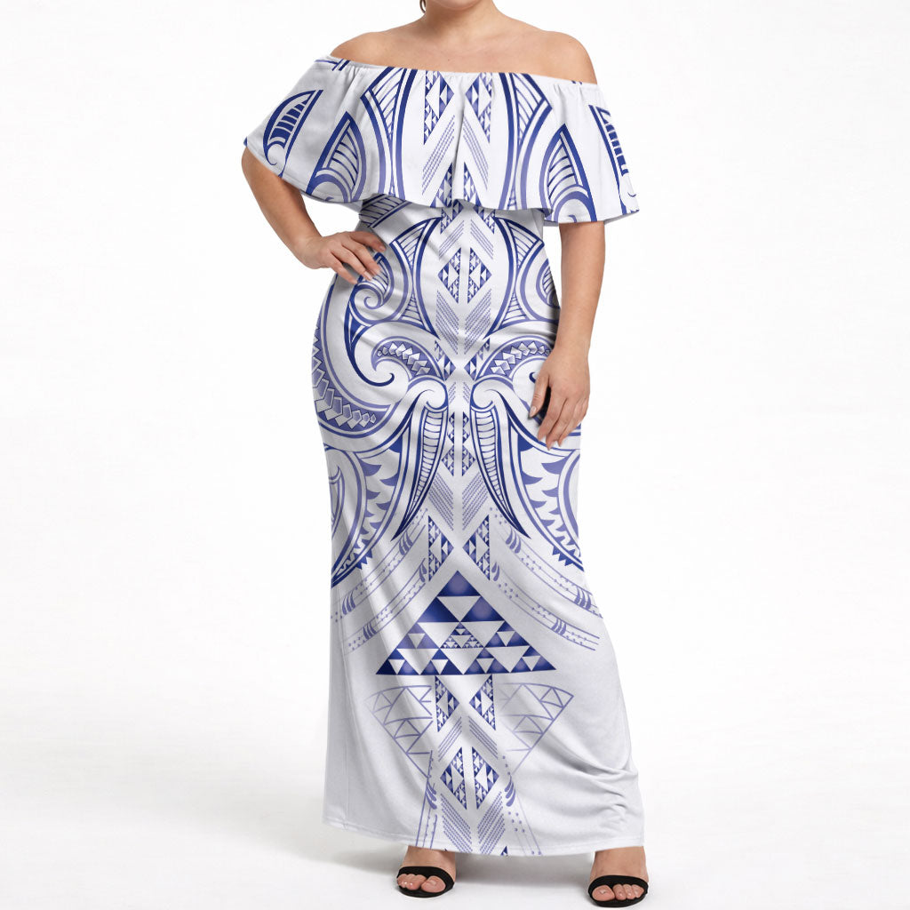 Maori Rugby Custom Ngaru Mangopare Off Shoulder Maxi Dress Kikorangi Niho Taniwha Motif