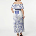 Maori Rugby Custom Ngaru Mangopare Off Shoulder Maxi Dress Kikorangi Niho Taniwha Motif