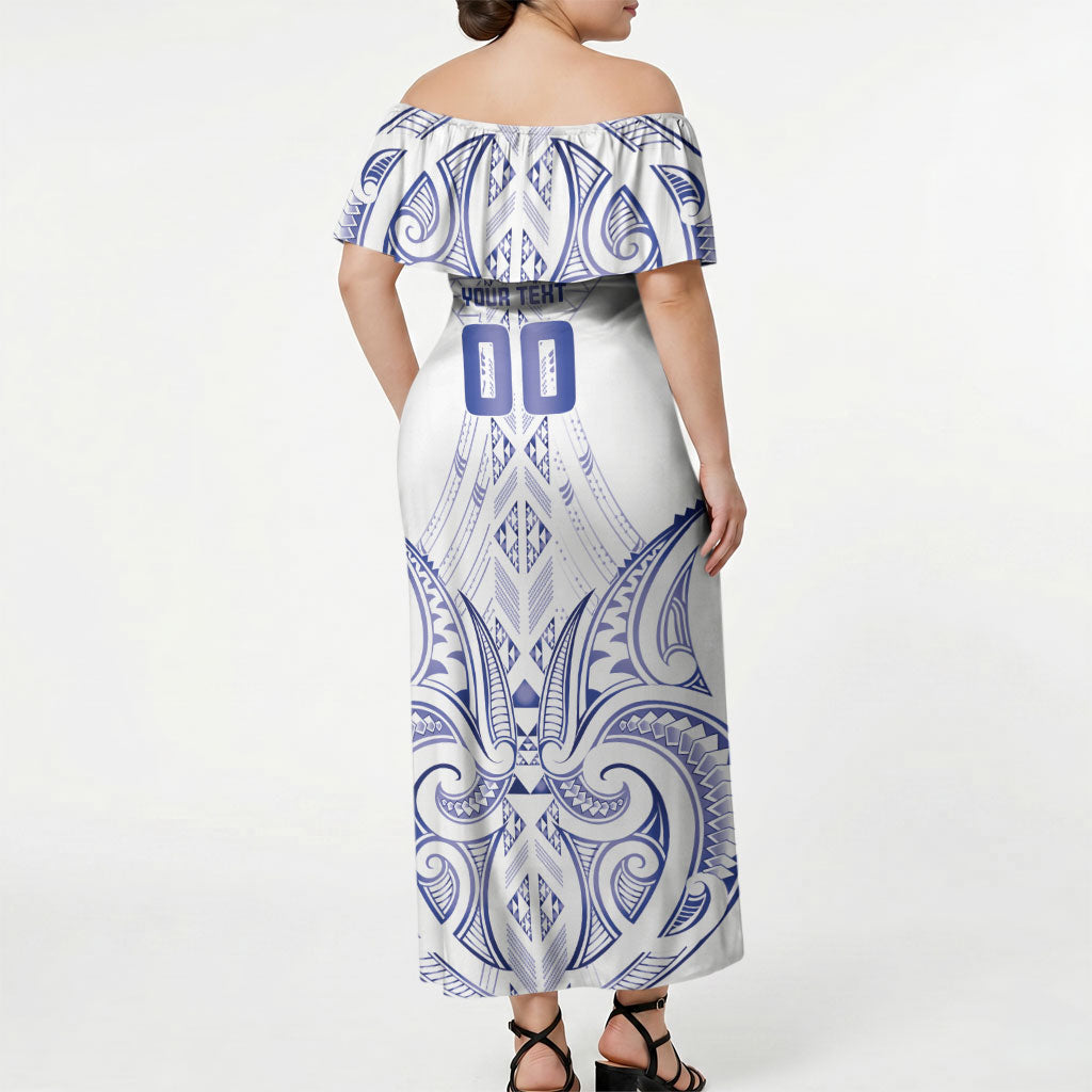 Maori Rugby Custom Ngaru Mangopare Off Shoulder Maxi Dress Kikorangi Niho Taniwha Motif