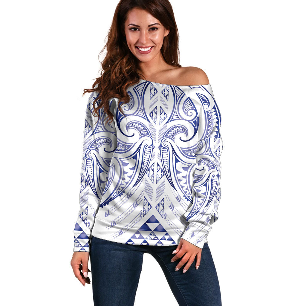 Maori Rugby Custom Ngaru Mangopare Off Shoulder Sweater Kikorangi Niho Taniwha Motif
