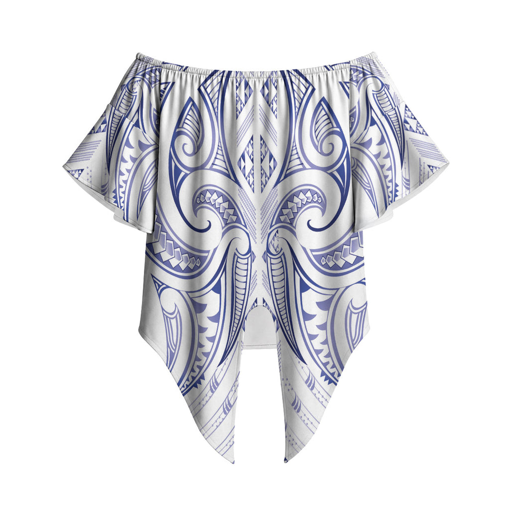 Maori Rugby Custom Ngaru Mangopare Off Shoulder Wrap Waist Top Kikorangi Niho Taniwha Motif