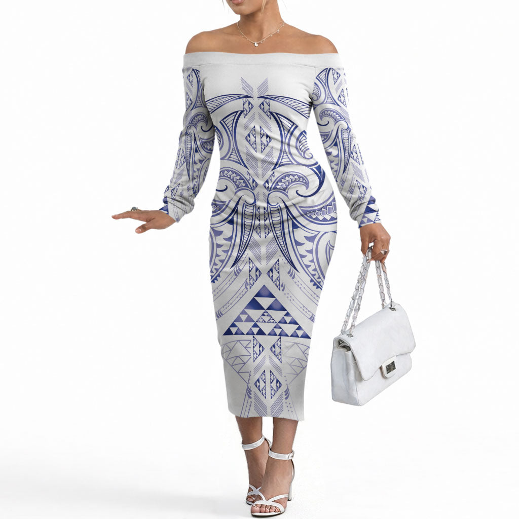 Maori Rugby Custom Ngaru Mangopare Off The Shoulder Long Sleeve Dress Kikorangi Niho Taniwha Motif