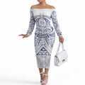 Maori Rugby Custom Ngaru Mangopare Off The Shoulder Long Sleeve Dress Kikorangi Niho Taniwha Motif