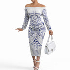 Maori Rugby Custom Ngaru Mangopare Off The Shoulder Long Sleeve Dress Kikorangi Niho Taniwha Motif