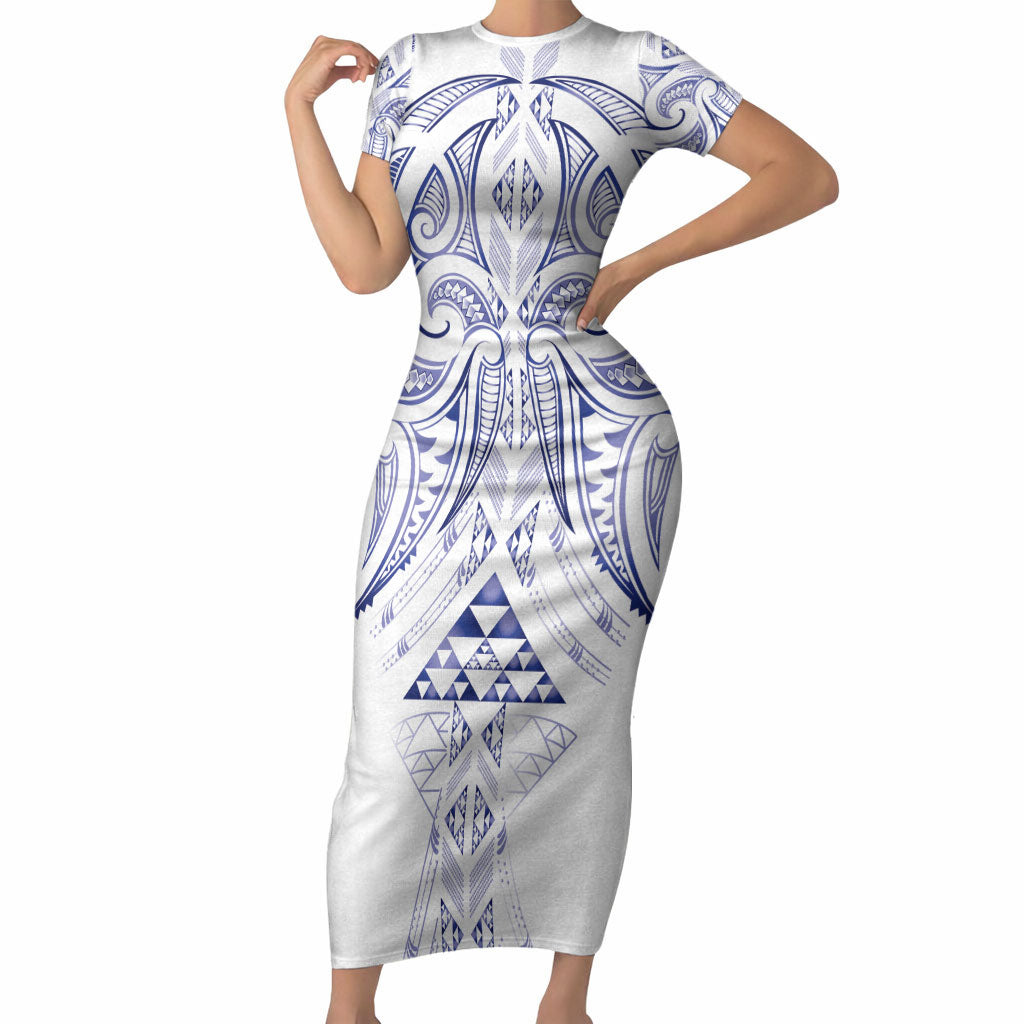 Maori Rugby Custom Ngaru Mangopare Short Sleeve Bodycon Dress Kikorangi Niho Taniwha Motif