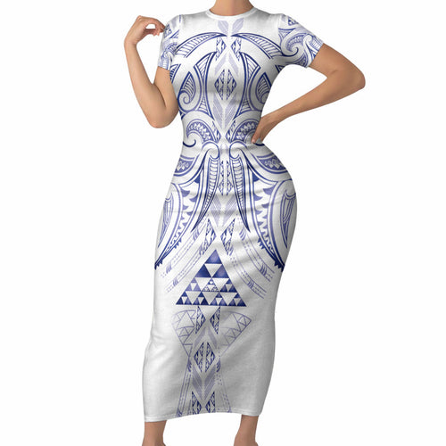 Maori Rugby Custom Ngaru Mangopare Short Sleeve Bodycon Dress Kikorangi Niho Taniwha Motif
