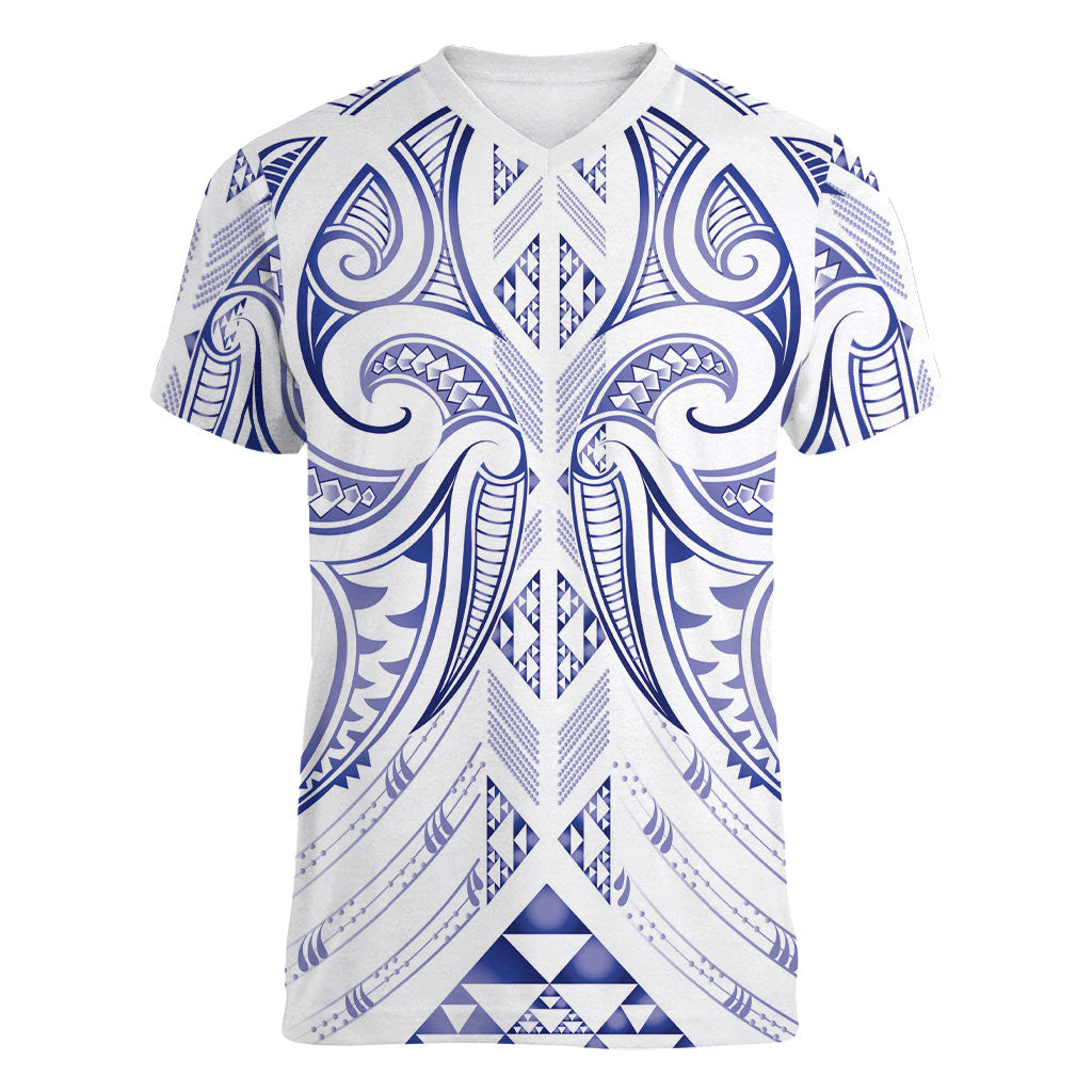 Maori Rugby Custom Ngaru Mangopare Women V-Neck T-Shirt Kikorangi Niho Taniwha Motif