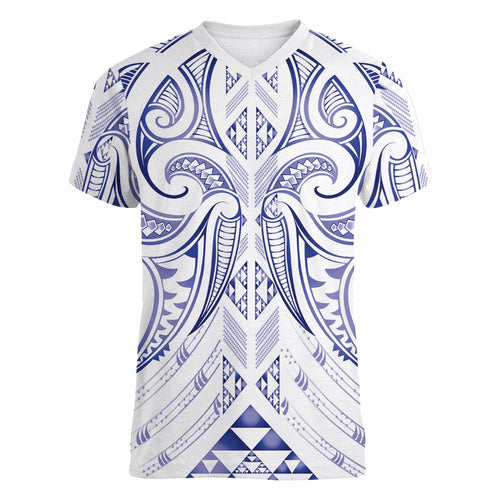 Maori Rugby Custom Ngaru Mangopare Women V-Neck T-Shirt Kikorangi Niho Taniwha Motif