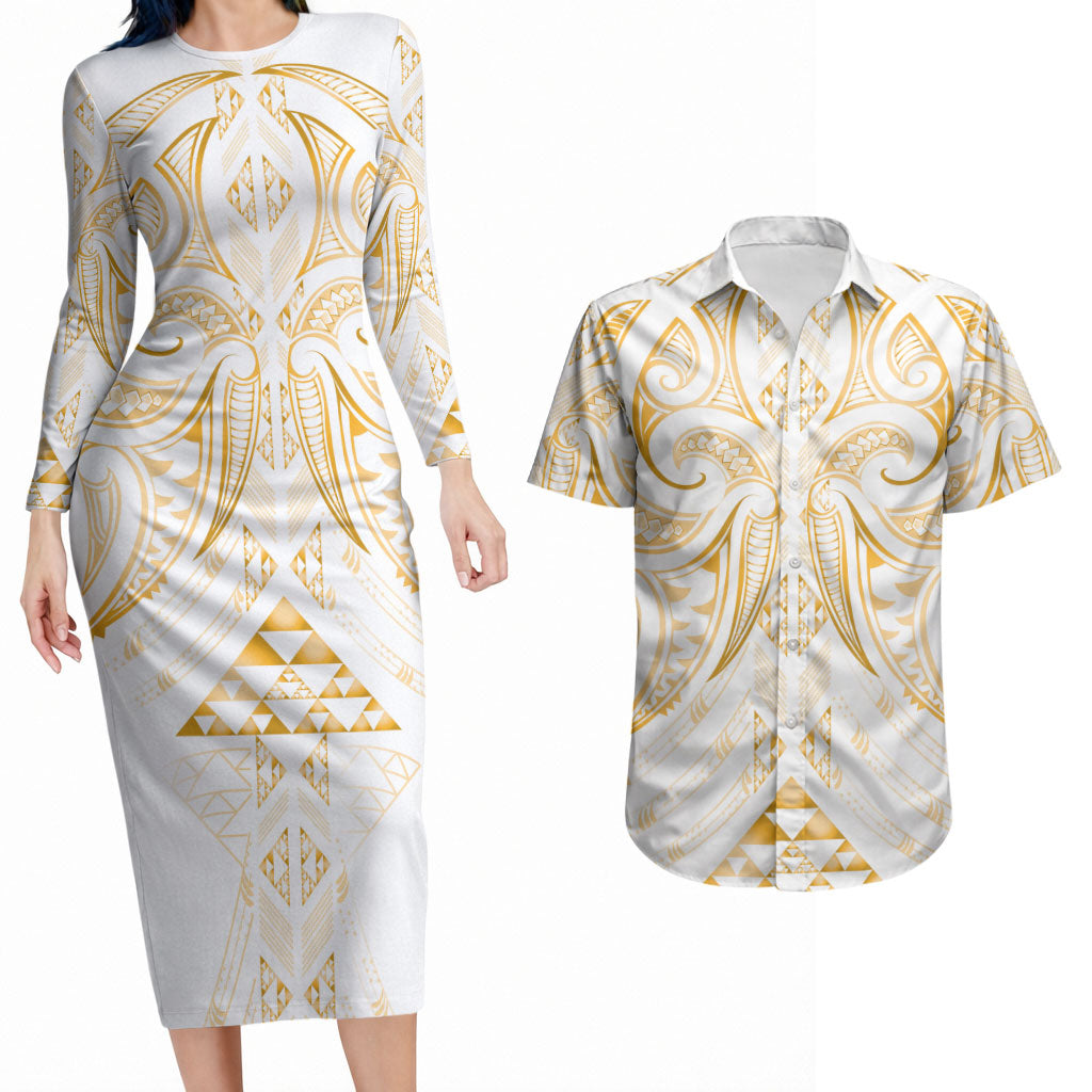 Maori Rugby Custom Ngaru Mangopare Couples Matching Long Sleeve Bodycon Dress and Hawaiian Shirt Koura Niho Taniwha Motif