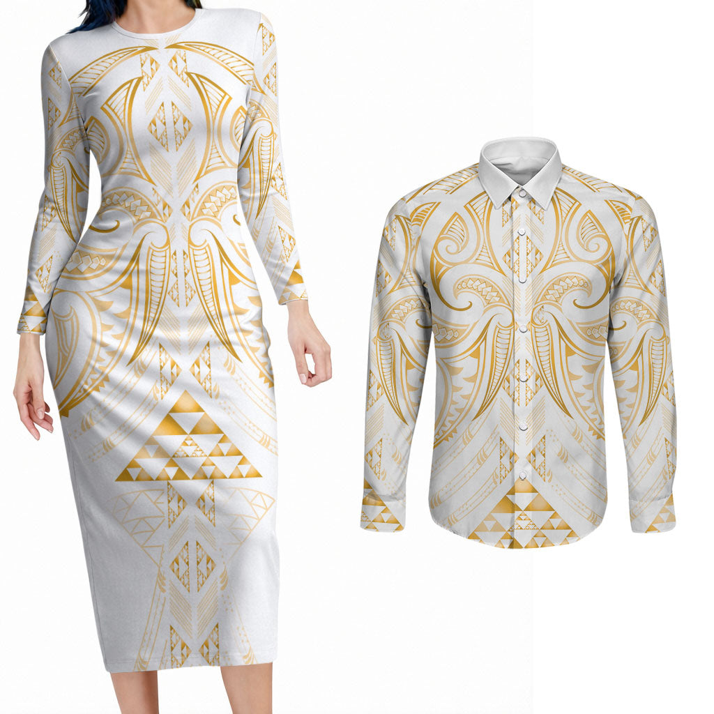 Maori Rugby Custom Ngaru Mangopare Couples Matching Long Sleeve Bodycon Dress and Long Sleeve Button Shirt Koura Niho Taniwha Motif