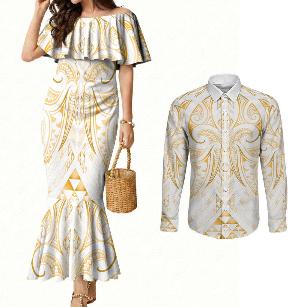 Maori Rugby Custom Ngaru Mangopare Couples Matching Mermaid Dress and Long Sleeve Button Shirt Koura Niho Taniwha Motif