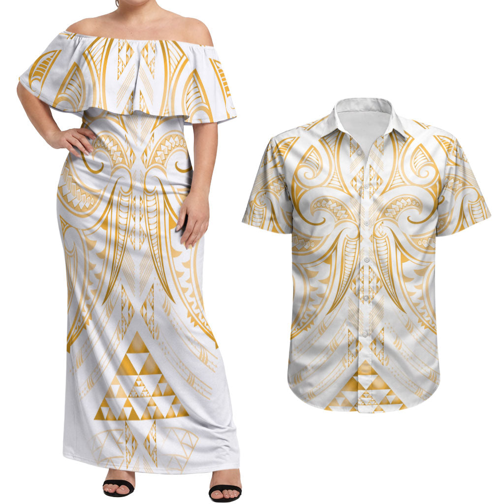 Maori Rugby Custom Ngaru Mangopare Couples Matching Off Shoulder Maxi Dress and Hawaiian Shirt Koura Niho Taniwha Motif