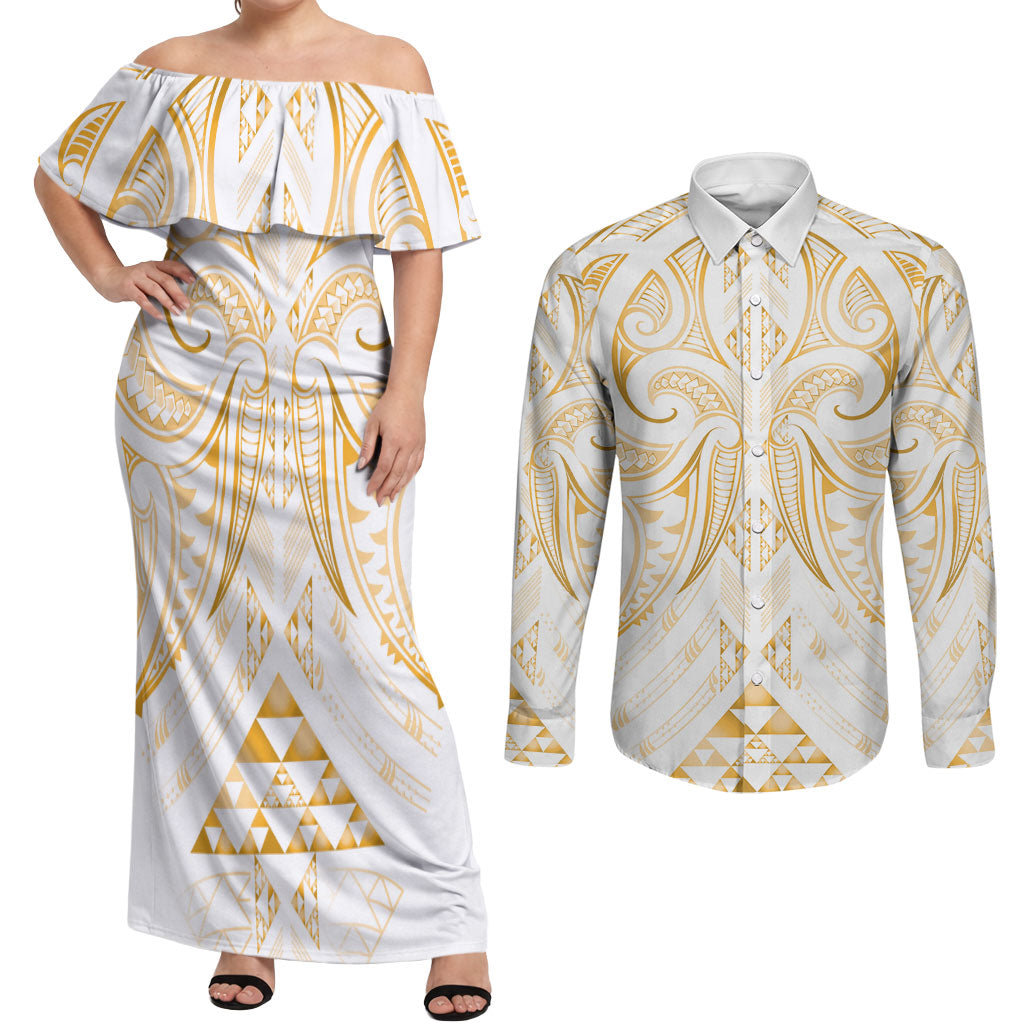 Maori Rugby Custom Ngaru Mangopare Couples Matching Off Shoulder Maxi Dress and Long Sleeve Button Shirt Koura Niho Taniwha Motif