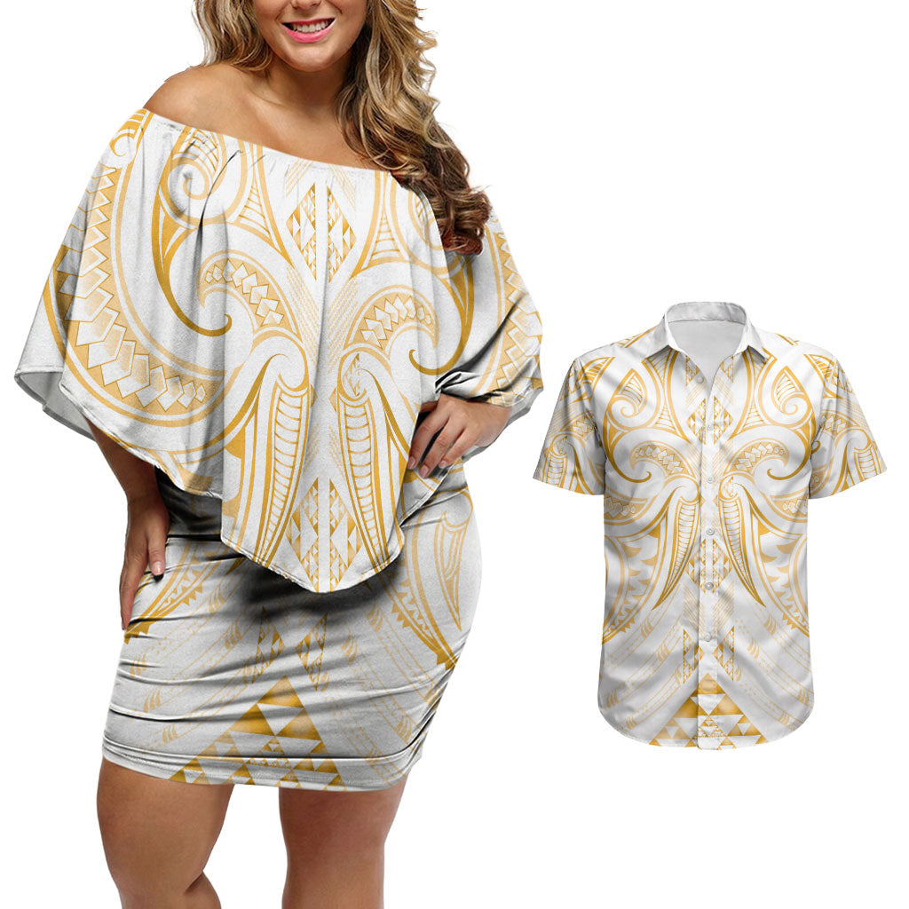 Maori Rugby Custom Ngaru Mangopare Couples Matching Off Shoulder Short Dress and Hawaiian Shirt Koura Niho Taniwha Motif