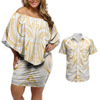 Maori Rugby Custom Ngaru Mangopare Couples Matching Off Shoulder Short Dress and Hawaiian Shirt Koura Niho Taniwha Motif