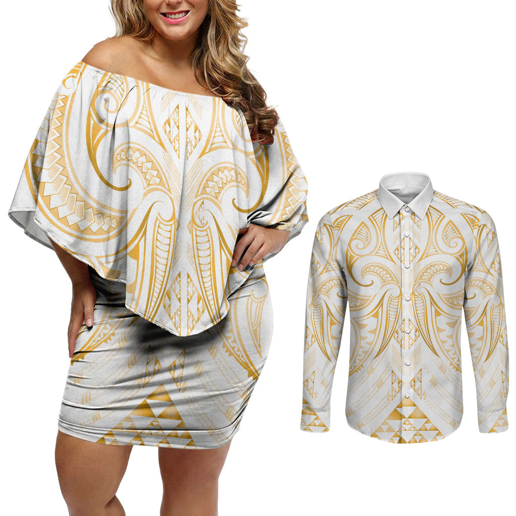 Maori Rugby Custom Ngaru Mangopare Couples Matching Off Shoulder Short Dress and Long Sleeve Button Shirt Koura Niho Taniwha Motif