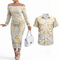 Maori Rugby Custom Ngaru Mangopare Couples Matching Off The Shoulder Long Sleeve Dress and Hawaiian Shirt Koura Niho Taniwha Motif