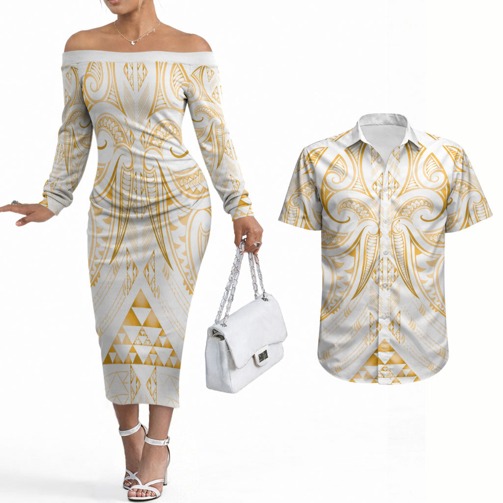 Maori Rugby Custom Ngaru Mangopare Couples Matching Off The Shoulder Long Sleeve Dress and Hawaiian Shirt Koura Niho Taniwha Motif