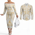 Maori Rugby Custom Ngaru Mangopare Couples Matching Off The Shoulder Long Sleeve Dress and Long Sleeve Button Shirt Koura Niho Taniwha Motif