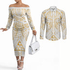 Maori Rugby Custom Ngaru Mangopare Couples Matching Off The Shoulder Long Sleeve Dress and Long Sleeve Button Shirt Koura Niho Taniwha Motif