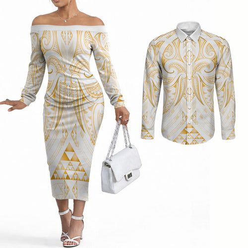 Maori Rugby Custom Ngaru Mangopare Couples Matching Off The Shoulder Long Sleeve Dress and Long Sleeve Button Shirt Koura Niho Taniwha Motif