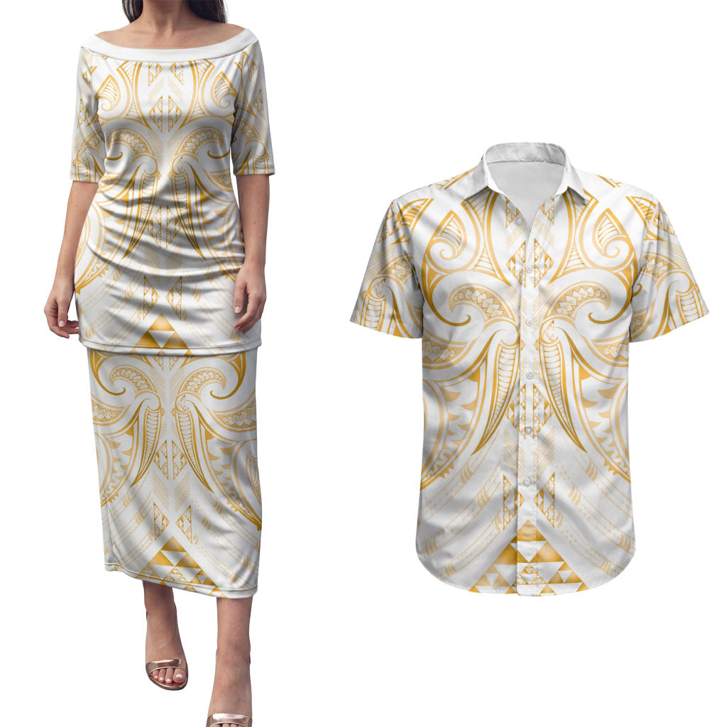 Maori Rugby Custom Ngaru Mangopare Couples Matching Puletasi and Hawaiian Shirt Koura Niho Taniwha Motif