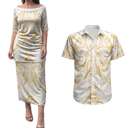 Maori Rugby Custom Ngaru Mangopare Couples Matching Puletasi and Hawaiian Shirt Koura Niho Taniwha Motif