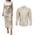 Maori Rugby Custom Ngaru Mangopare Couples Matching Puletasi and Long Sleeve Button Shirt Koura Niho Taniwha Motif