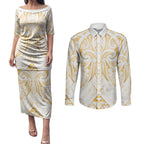 Maori Rugby Custom Ngaru Mangopare Couples Matching Puletasi and Long Sleeve Button Shirt Koura Niho Taniwha Motif