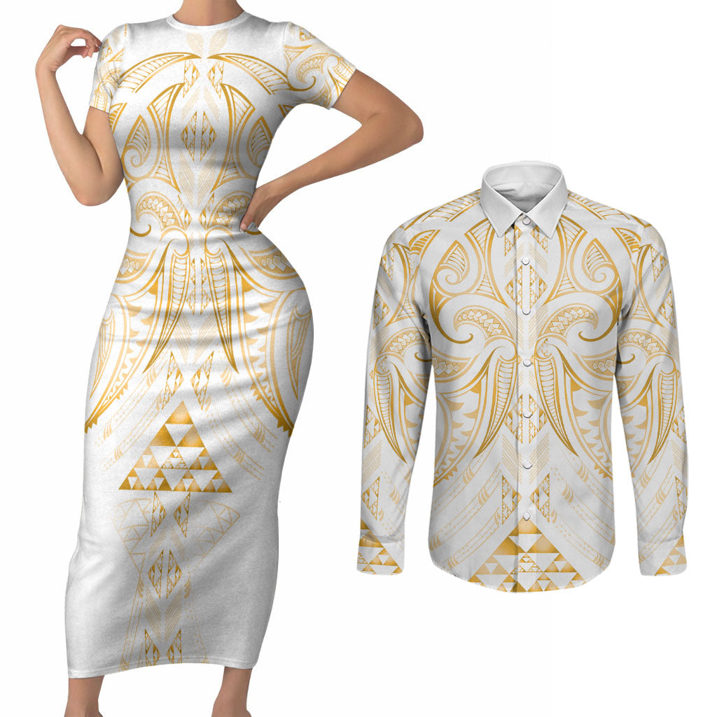 Maori Rugby Custom Ngaru Mangopare Couples Matching Short Sleeve Bodycon Dress and Long Sleeve Button Shirt Koura Niho Taniwha Motif