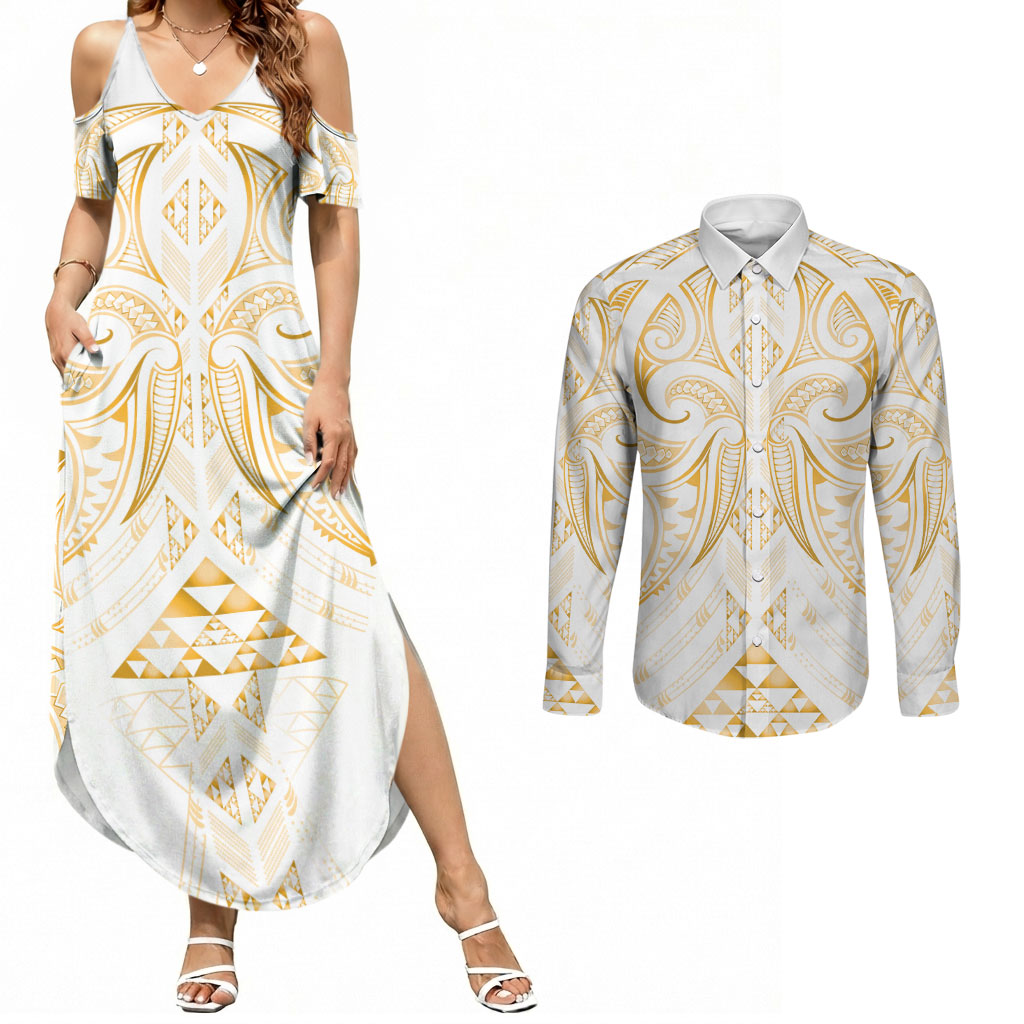 Maori Rugby Custom Ngaru Mangopare Couples Matching Summer Maxi Dress and Long Sleeve Button Shirt Koura Niho Taniwha Motif