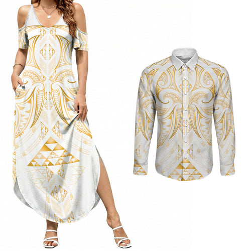 Maori Rugby Custom Ngaru Mangopare Couples Matching Summer Maxi Dress and Long Sleeve Button Shirt Koura Niho Taniwha Motif