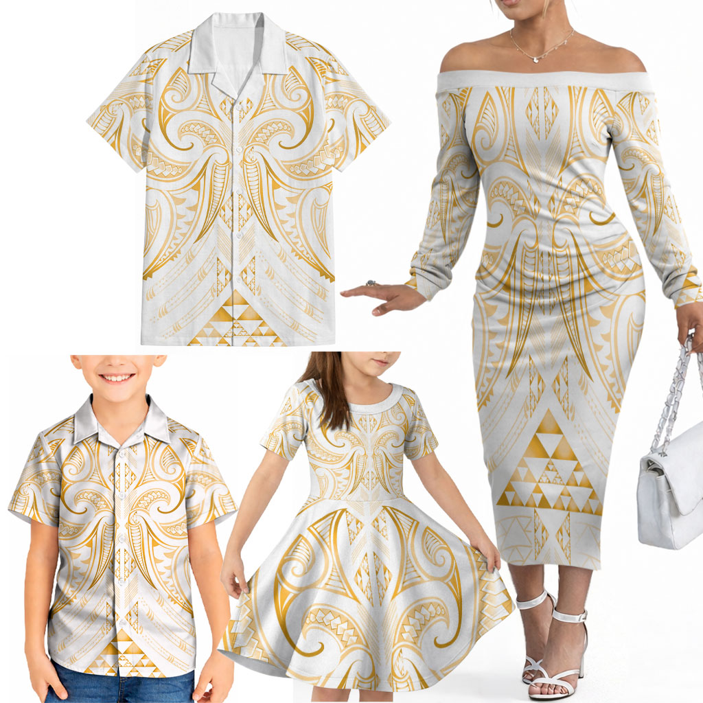 Maori Rugby Custom Ngaru Mangopare Family Matching Off The Shoulder Long Sleeve Dress and Hawaiian Shirt Koura Niho Taniwha Motif
